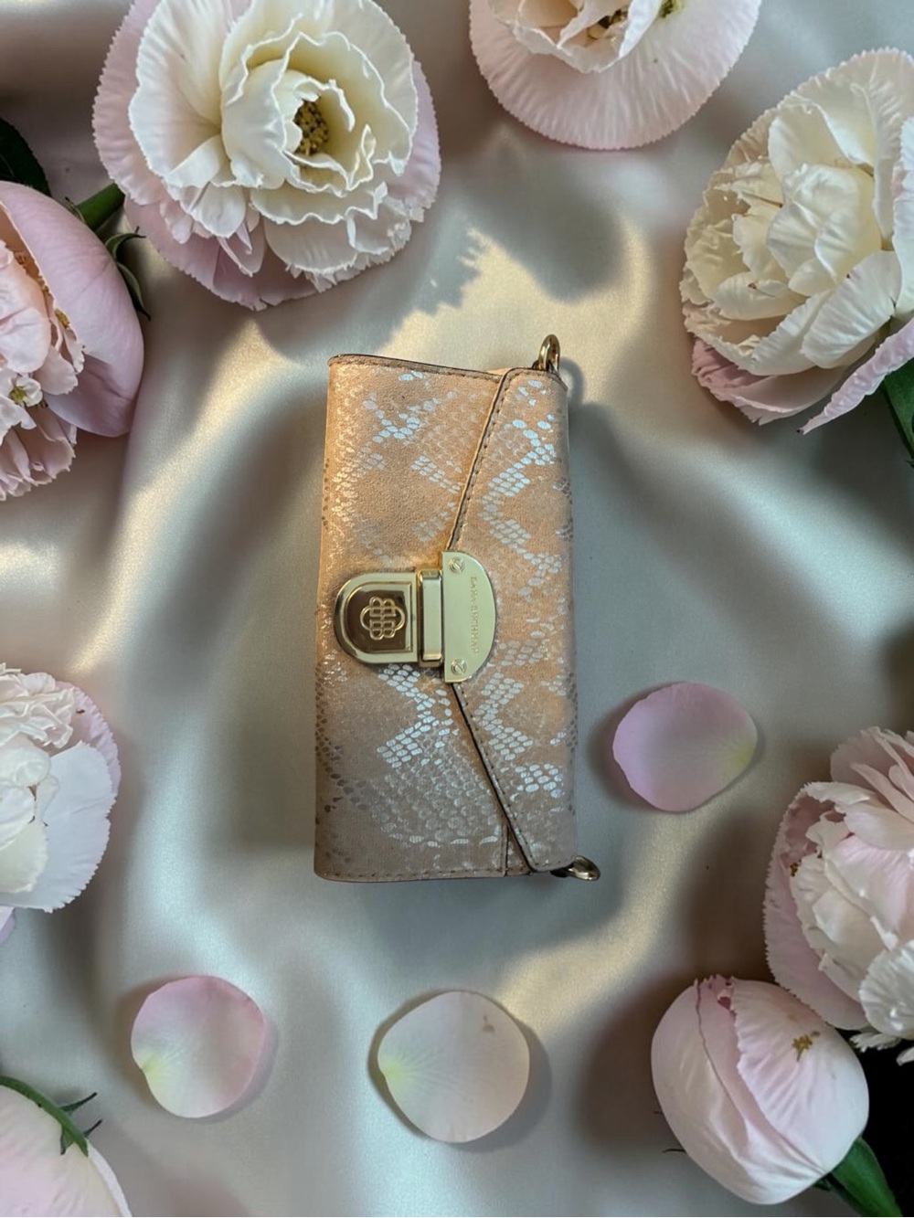 Dana Buchman Blush Pink Snake-Print Clutch with Gold Hardware